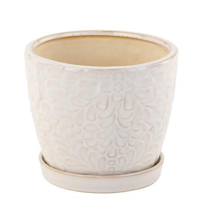 White Floral Planter with Saucer 6