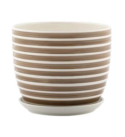Large Taupe/White Striped Pot w/Saucer