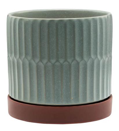 Large Gray Ribbed Pot with Brown Saucer
