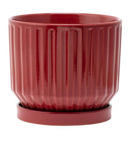 Large Burgundy Ribbed Planter with Saucer