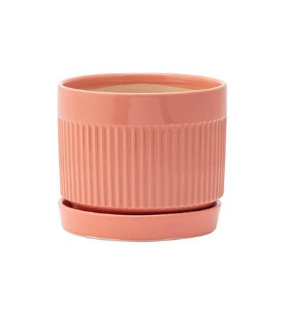 Small Orange Ribbed Planter with Saucer