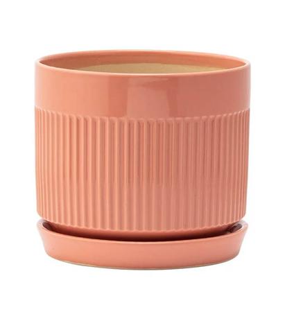 Large Orange Ribbed Planter with Saucer