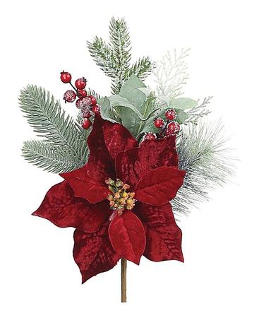 Poinsettia on Frosted Pine Pick w/ Berry and Cones 15