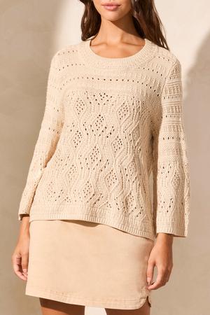 Bell-Sleeve Cable Knit Crew Neck Sweater Safari