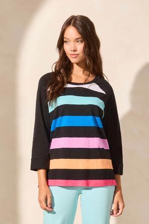 Striped Cotton Slub Raglan Sleeve Crew Neck Top Beetroot