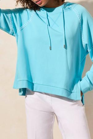 French Terry Contrast-Stitch Long-Sleeve Hoody Aqua