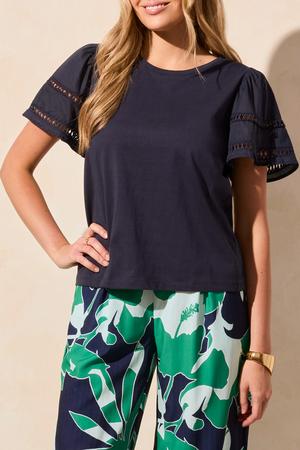 Cotton Jersey Flutter Sleeve Crew Neck Top Jet Blue